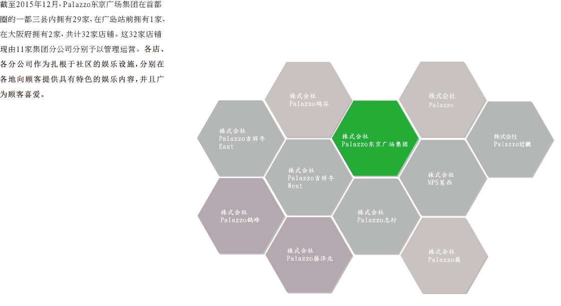 截至2013年4月，Palazzo东京广场集团在首都圈的一都三县内拥有33家店铺、在广岛站前拥有1家店铺，共计34家店铺。这34家店铺现由11家集团分公司分别予以管理运营。各店、各分公司作为扎根于社区的娱乐设施，分别在各地向顾客提供具有特色的娱乐内容，并且广为顾客喜爱。