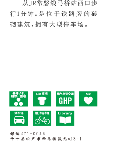从JR常磐线马桥站西口步行1分钟。是位于铁路旁的砖砌建筑，拥有大型停车场。 邮编271-0046　千叶县松户市西马桥藏元町3-1