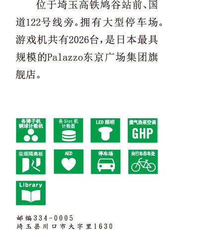 位于埼玉高铁鸠谷站前、国道122号线旁。拥有大型停车场。游戏机共有2026台，是日本最具规模的Palazzo东京广场集团旗舰店。